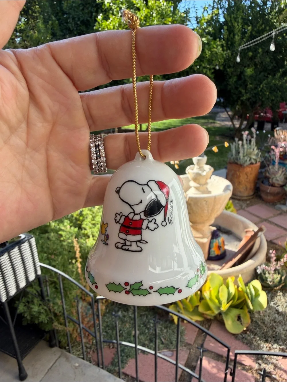 Vintage Peanuts Snoopy & Woodstock Ceramic Christmas Bell Ornament.1975-1976.